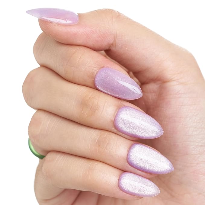 GLAMERMAID Pure Purple Magnet Cat Eyes Press on Nails Short Almond, Handmade Jelly Gel Fake Nail Kits, Ombre Glitter Magnetic Glue on Nail Stiletto，Aurora Medium Oval Stick on False Nail Set for Women