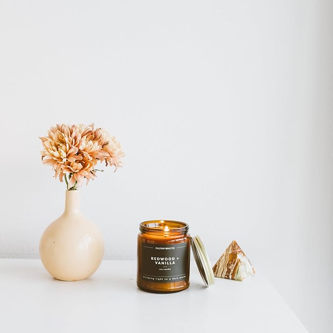 Calyan Wax Co. Soy Wax Candle, Redwood + Vanilla Scented Candle, 57 Hour Burn Time, Aromatherapy Soy Candles, Non Toxic & Vegan Soy Wax, Amber Glass Jar Scented Candles, 7.2oz