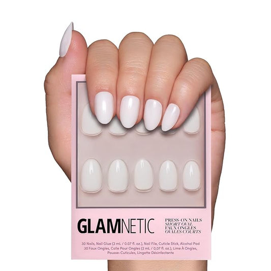 Glamnetic Press On Nails - White Swan | Opaque Classic Off White Short Oval Fake Nails, Salon Quality | 15 Sizes - 30 Nail Kit
