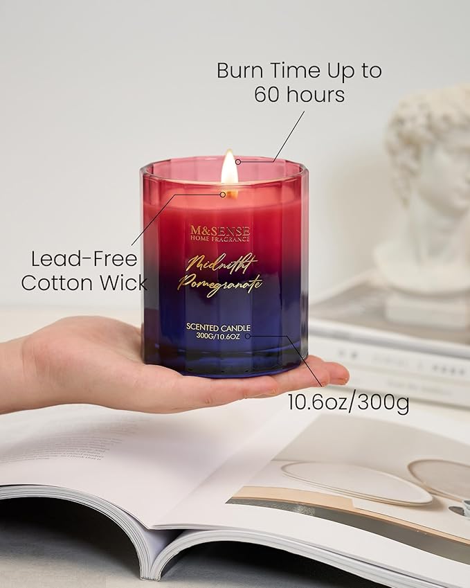 M&SENSE Midnight Pomegranate Scented Candles for Home, 10.6oz 60 Hours Natural Soy Wax Clean Burning Aromatherapy Candle for Thanksgiving Christmas Home Decor