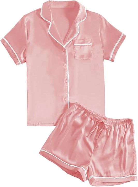 LYANER Women's Satin Silky Short Sleeve Button Shirt Sleepwear 2Piece Pajama Set