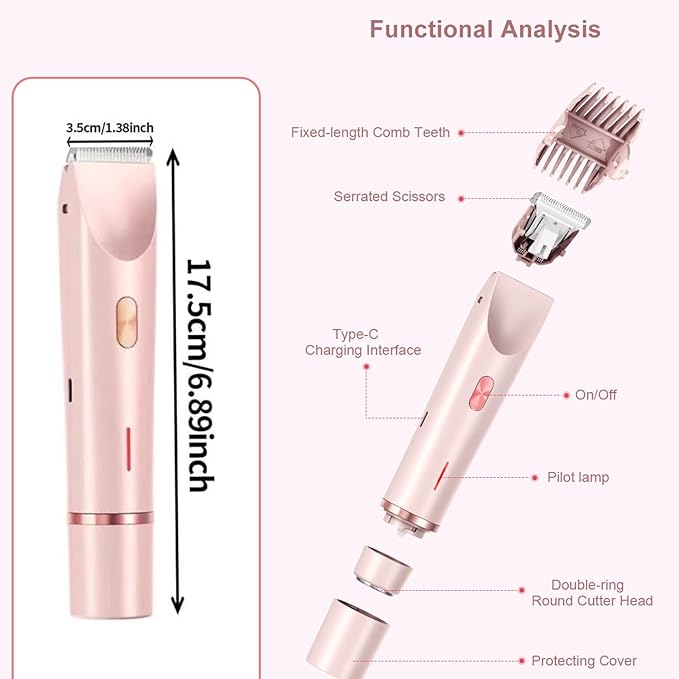 Dermave Bikini Shaver,Bikini Trimmer for Women,2025 Upgrade Dual Head Shaver Women,2 in 1 Wet & Dry Waterproof Electric Bikini Trimmer for Face, Body & Intimate Areas,Pink