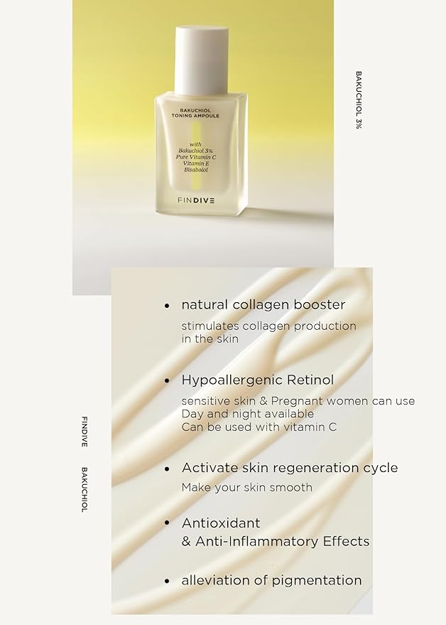 [FINDIVE OFFICIAL] Bakuchiol Toning Ampoule, 3% Bakuchiol, Plan-Based Retinal Alternative, Pure Vitamin C, Pure Vitamin E, Bisabolol, Brightning, Anti Wrinkle Serum, 1.01fl.oz