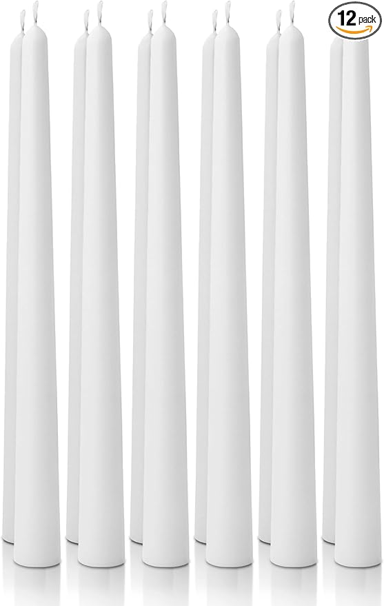 12pk 10" Classic Taper Candles, White, 7-8 Hours Long Burning, Unscented Tall Candlesticks