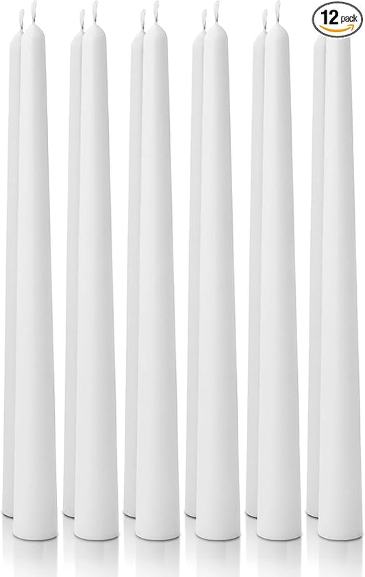 12pk 10" Classic Taper Candles, White, 7-8 Hours Long Burning, Unscented Tall Candlesticks