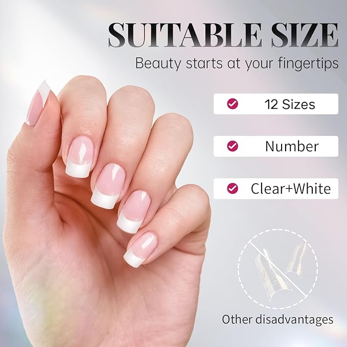 Krofaue French Nail Tips - 120PCS Acrylic White Fake Nails Art Tips 12 Sizes Half Cover False Nails Wrap Edge Square Nails with Case for DIY Nail Extensions