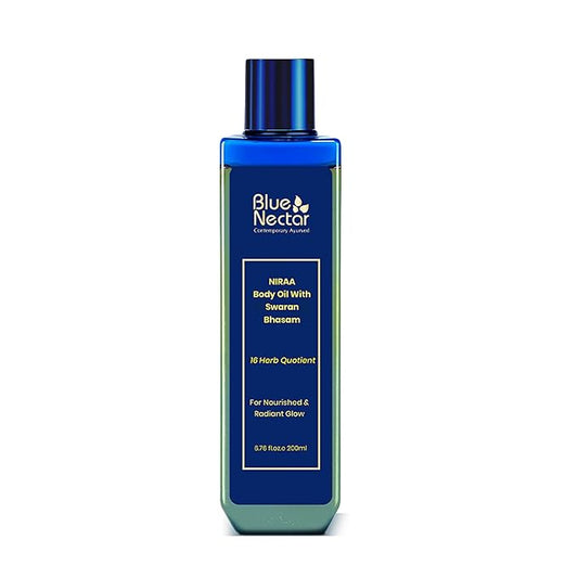 Blue Nectar Body Oil with Swaran Bhasam for Glowing Skin | Ayurvedic Body Oil for Dry Skin | Nourishing Oil with Gold & Shimmer (16 Herbs, 6.76 Fl Oz)