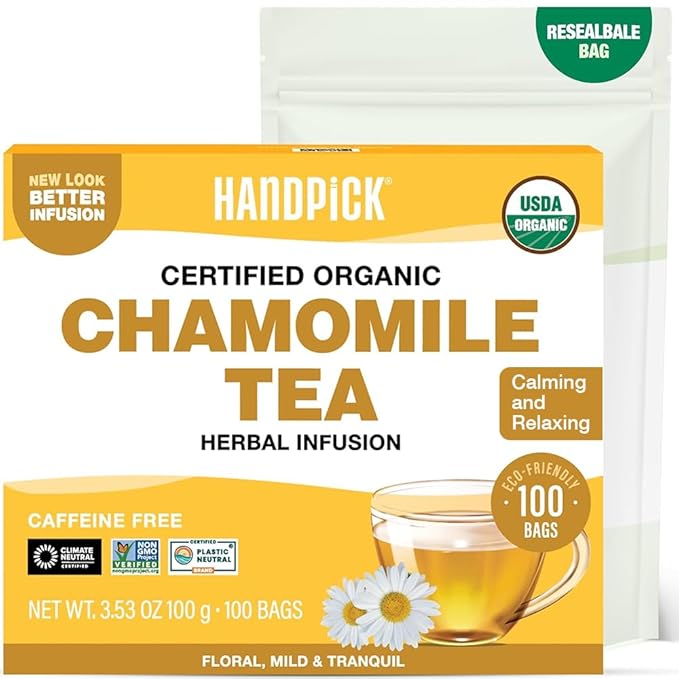 HANDPICK, Organic Chamomile Tea Bags (100 Herbal Tea Bags) Caffeine Free| Premium Floral Chamomile Herbal Tea in Eco-Conscious Teabags | Direct from Source