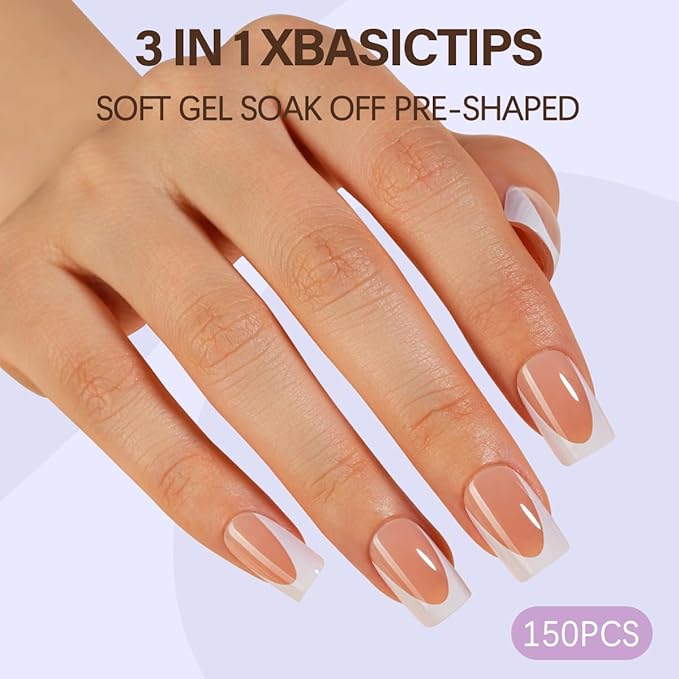 Misssix XBASICTIPS Deep French Gel Nail Tips, 150Pcs Soft Gel French Tip Press on Nails Brown, Short Square Pre-shaped False Nails, No Need to File Fake Nails for Nail Art DIY