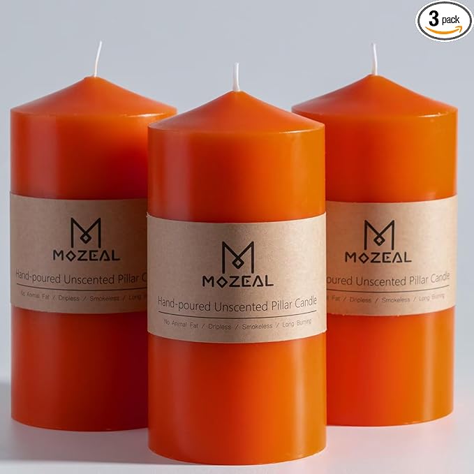 MOZEAL 3" x 6" Hand-Poured Unscented Orange Pillar Candles,Dripless Candles Set of 3,Long Lasting Burning,Approx 100 Hours Burn Time for Thanksgiving,Halloween,Fall and Home Decor