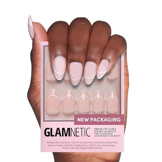 Glamnetic Press On Nails - Heavenly | Semi-Transparent Neutral Nude Trendy French Tip Short Almond Fake Nails, Salon Quality | 15 Sizes - 30 Nail Kit