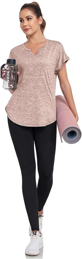 Women's Short Sleeve Workout Shirts V Neck Exercise Yoga Basic Top Quick Dry Side Split