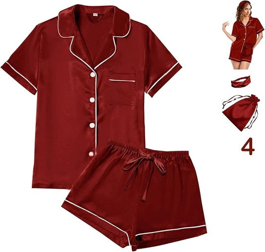 4Pcs Womens Satin Silky Pajama Sets Short Sleeve Shirt XS-4XL Floral Pajamas Set Soft PJ Loungewear Sleepwear