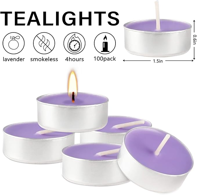 Purple Lavender Scented Tealight Candles - Giant 100 Pack Candles -Smokeless, 4 Hour Burn - Gift Set for Valentine's Day, Christmas, Weddings Centerpiece & Home Decor