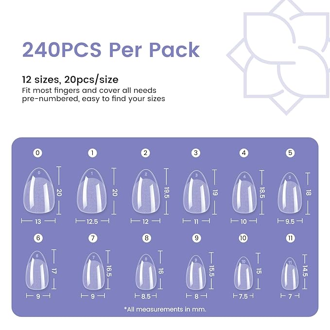 Extra Short Almond Nail Tips: 240Pcs Small Almond Shape Soft Gel Fake Nail Tips for Nail Extension, 12 Sizes Full Cover Clear Press on Nails for Girls for Home DIY Salon