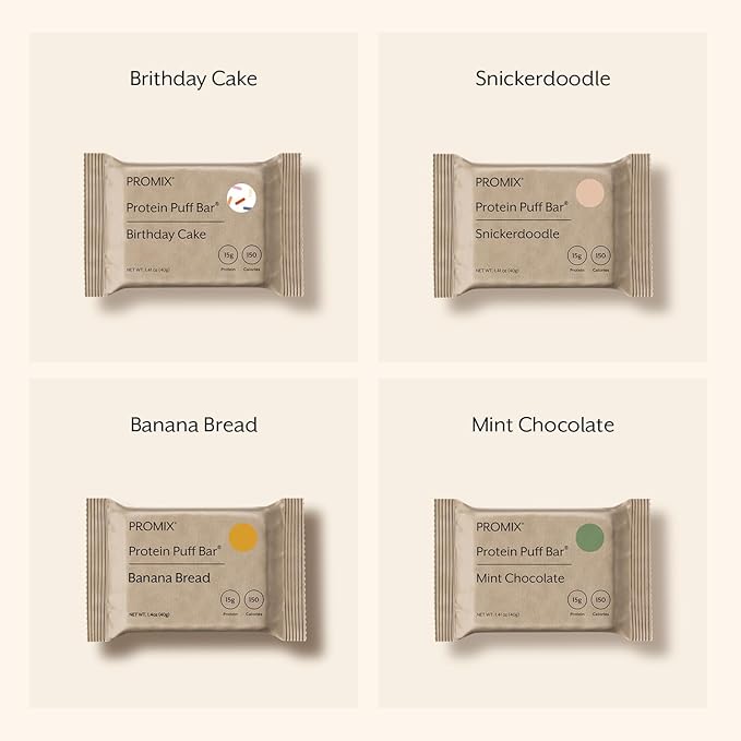 ProMix Nutrition Protein Puff Bars - Variety Pack - Birthday Cake, Snickerdoodle, Banana Bread, Mint Chocolate - Marshmallow Crispy Treat - High Protein & Low Calorie - 12 Bars