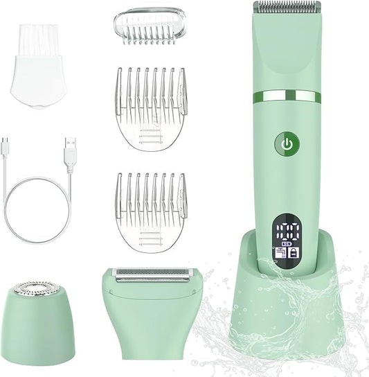 3-in-1 Electric Razor IPX7 Waterproof Bikini Trimmer Wet & Dry Use Painless Personal Trimmer Groomer for Ladies Face Body Legs Bikini Public Hairs Electric Lady Shaver with Replaceable Heads