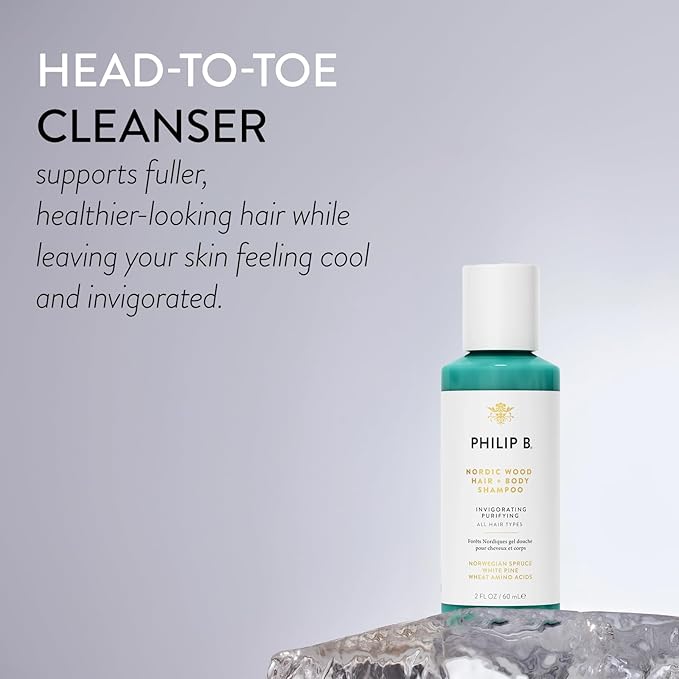 PHILIP B Nordic Wood Hair + Body Shampoo, 2 fl. oz. (60 ml) - Lathers Up Luxuriously, Conditions While Leaving You Feeling Cool & Invigorated, With Notes of Norwegian Spruce, White Pine and Camphor
