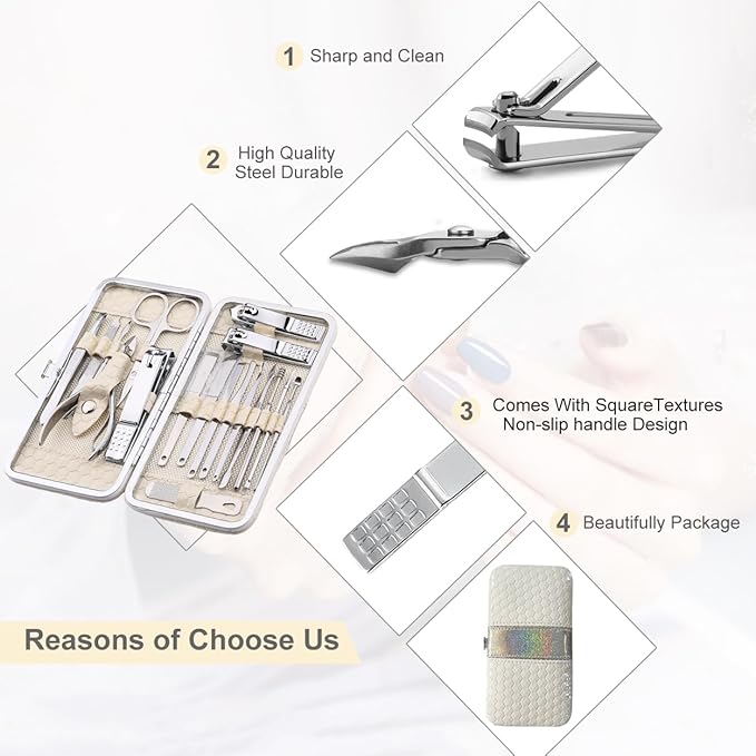Yougai Nail Clippers set for Men and Womens Gift Manicure Set 18 Pieces Stainless Steel Manicure Kit,Nail Care Tools with Luxurious Travel Case