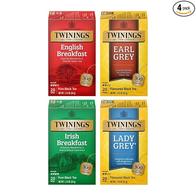 Twinings Variety Pack Black Tea Bags, 20 Count (Pack of 4), Includes English Breakfast, Earl Grey, Irish Breakfast, and Lady Grey, Caffeinated, Enjoy Hot or Iced, 80 Teabags
