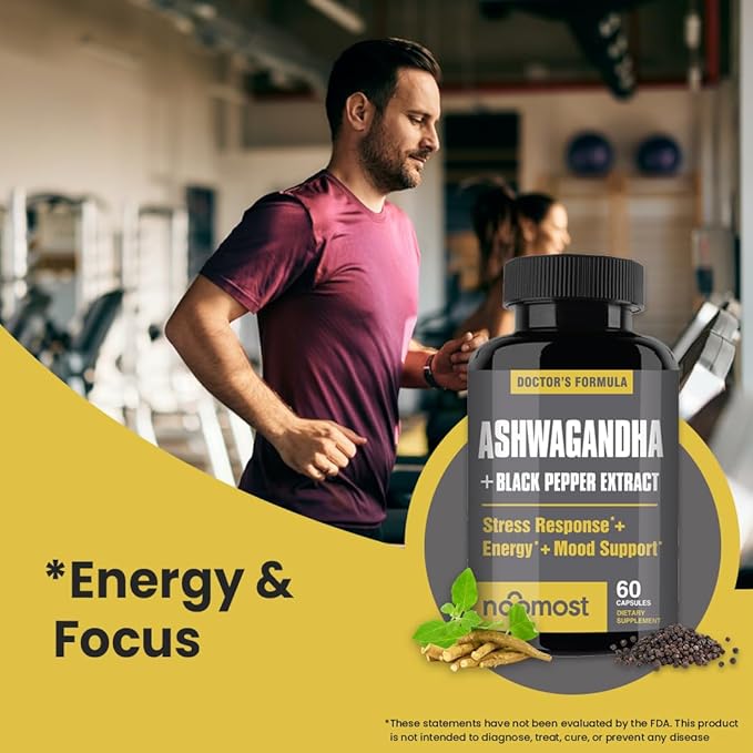 NooMost Organic Ashwagandha Capsules w/Black Pepper Extract as Vegan Ashwagandha Supplements for Anti Stress Relief, Natural Mood Support, Energy & Focus-60 Capsules