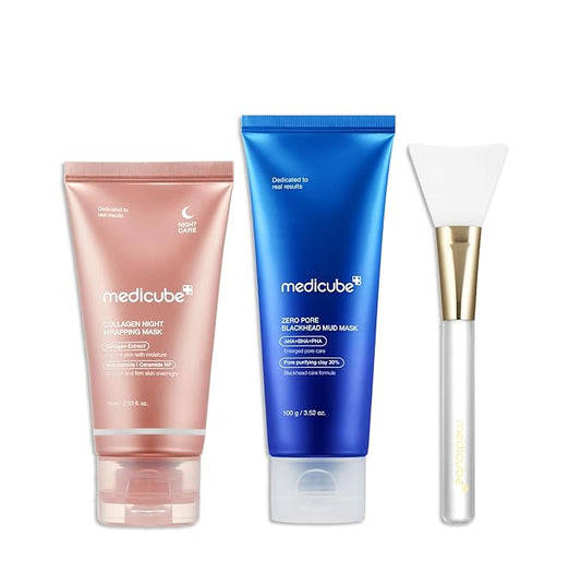medicube Korean Viral Glass Skin Faical Mask Duo: Collagen Overnight Wrapping Peel Off Facial Mask Pack and Zero Pore Blackhead Mud Facial Mask and Jelly Brush