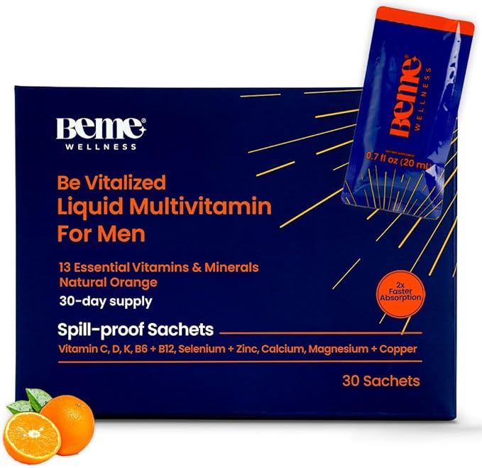 BeMe Be Vitalized Liquid Multivitamin - Daily Liquid Vitamins & Minerals, A, B-Complex, C, D, E, K, Calcium, Zinc, Magnesium, Health & Wellness Supplement Drink (30 Count (Pack of 1), Orange - Men)