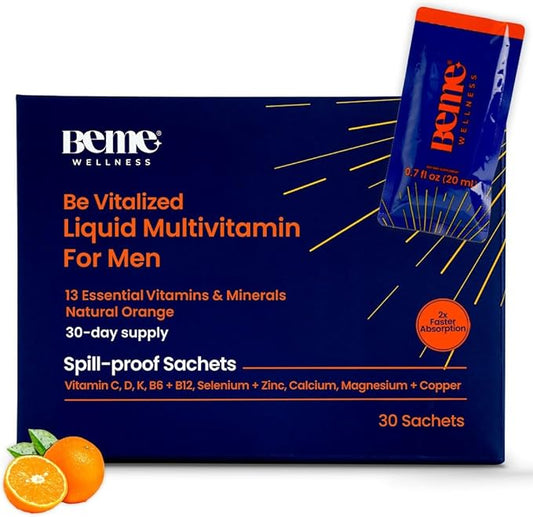BeMe Be Vitalized Liquid Multivitamin - Daily Liquid Vitamins & Minerals, A, B-Complex, C, D, E, K, Calcium, Zinc, Magnesium, Health & Wellness Supplement Drink (30 Count (Pack of 1), Orange - Men)
