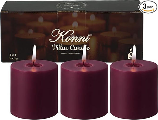 KONNI Purple Pillar Candles Set of 3, 3"x 3" Unscented Pillar Candles Bulk, 30 Hours Long Burning Candles, Smokeless&Dripless Large Round Candle for Wedding, Home Decoration, Parties, Spas, Dinner