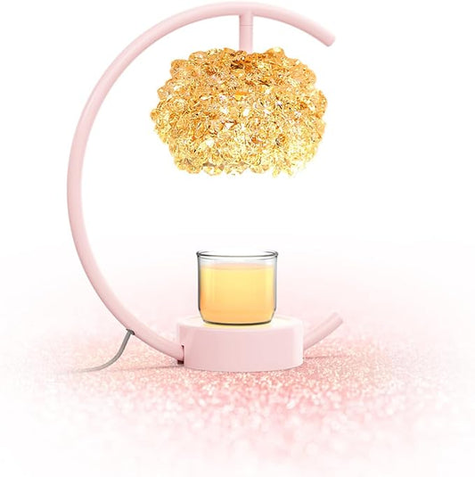 Pink Candle Warmer Lamp for Jar Candles with Adjustable Brightness＆Timer，Handcrafted Crystal＆Wooden Base,Candle Lamp Luxurious Design+2Bulbs,Home Decoration Electric Candle lamp(C-Shaped)
