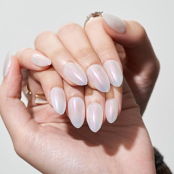 GLAMERMAID Pure White Eyes Press on Nails Short Almond, Chrome Handmade Glossy Gel Fake Nail Kit, Glazed Natural Glitter Magnetic Glue on Nail Stiletto, Medium Oval Stick on False Nail Set for Women