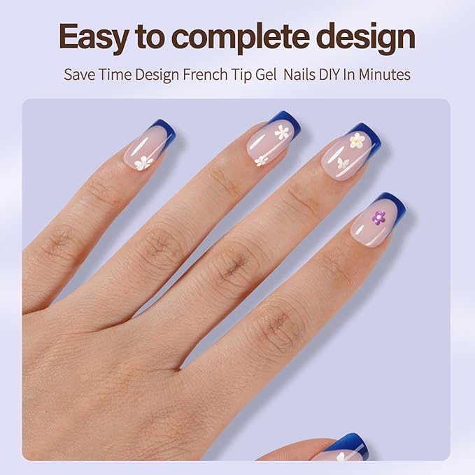 Misssix XBASICTIPS Blue French Tip Press On Nails, 150Pcs French Gel Nail Tips Short Square, Soft Gel Pre-shaped No Need to File 3 in 1 Tips, Fake Nails for Nail Art DIY Extension Designs 15 Sizes