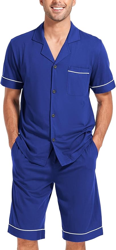 COLORFULLEAF Men's 100% Cotton Short Sleeve Pajama Sets Button Down Notched Collar Sleepwear Soft Lounge Pjs with Pockets