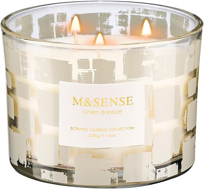 M&SENSE Linen Breeze, 3 Wick Scented Candle,11.6oz Natural Soy Wax Non Toxic for Home, Up to 60 Hours Burn time, Jar Candle Long Lasting,Fall Decorations for Home