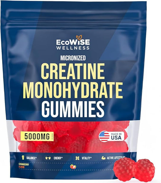 EcoWise Wellness Creatine Monohydrate Gummies 5g, Chewables Gummies for Men & Women, Gluten-Free, Sugar Free, Strawberry