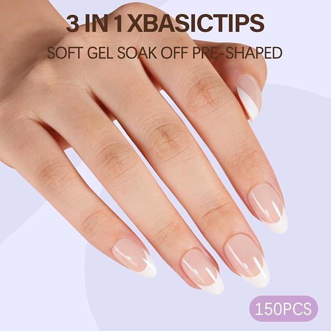 Misssix XBASICTIPS French Tip Press On Nails, 150Pcs French Gel Nail Tips Short Almond, Soft Gel Pre-shaped No Need to File 3 in 1 Nail Tips, Fake Nails for Nail Art DIY Extension Designs 15 Sizes