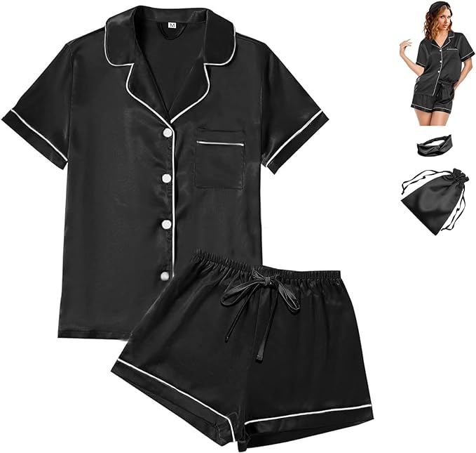 4Pcs Womens Satin Silky Pajama Sets Short Sleeve Shirt XS-4XL Floral Pajamas Set Soft PJ Loungewear Sleepwear