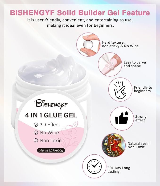 Builder Gel for Nails BISHENGYF: 4-in-1 White 3D Gel Art Non-sticky for Extension Sculpting Building Hard with Nail Art Glitter for Nails UV/LED Lamp Required