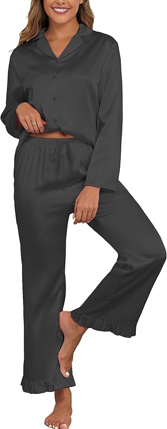 Veseacky Womens Satin Pajama Set Silk Pjs Button Down Long Sleeve Sleepwear Loungewear Sleepwear 2 Piece Pjs Set S-XXL