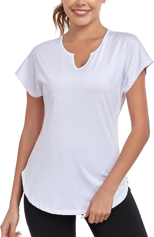 Women's Short Sleeve Workout Shirts V Neck Exercise Yoga Basic Top Quick Dry Side Split