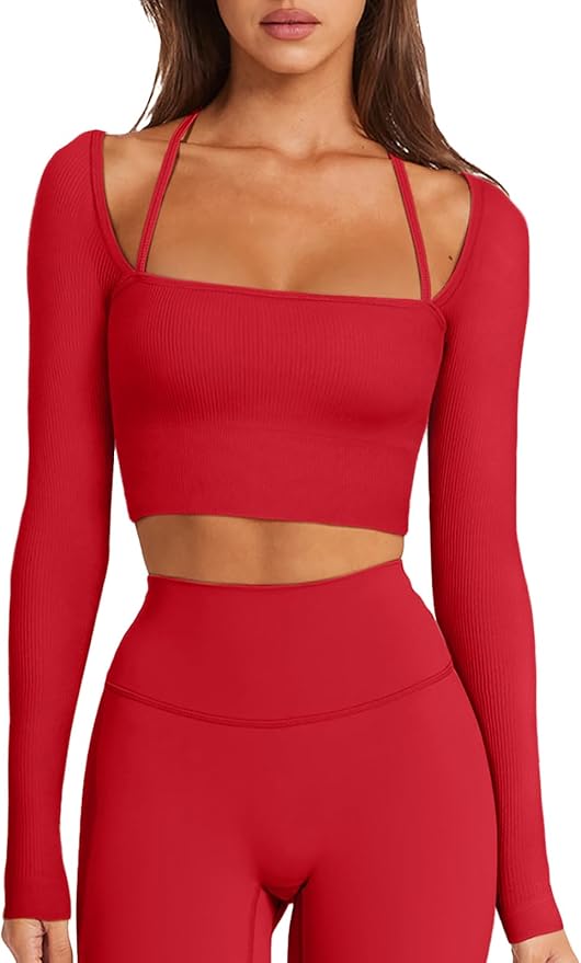 LASLULU Womens Sexy Square Neck Crop Top Ribbed Seamless Long Sleeve Workout Tops Halter Neck Athletic Yoga