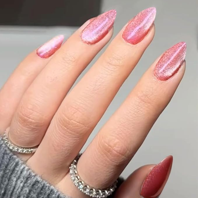 GLAMERMAID Pink Magnet Cat Eyes Press on Nails Short Almond, Handmade Jelly Gel Fake Nail Kits, Ombre Glitter Magnetic Glue on Nail Stiletto, Aurora Medium Oval Stick on False Nail Set for Women