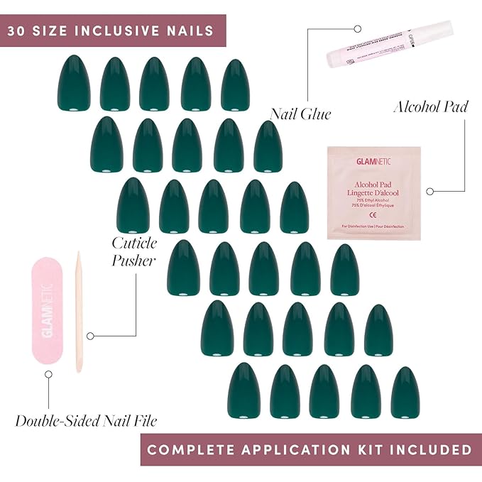 Glamnetic Press On Nails - Emerald Green | Opaque Cool Tone, Deep Emerald Green Short Almond Fake Nails, Salon Quality | 15 Sizes - 30 Nail Kit
