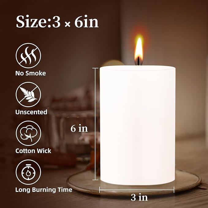 KONNI White Pillar Candles Set of 3, 3"x 6" Unscented Pillar Candles Bulk, 56 Hours Long Burning Candles, Smokeless&Dripless Large Round Candle for Wedding, Home Decoration, Parties, Spas, Dinner
