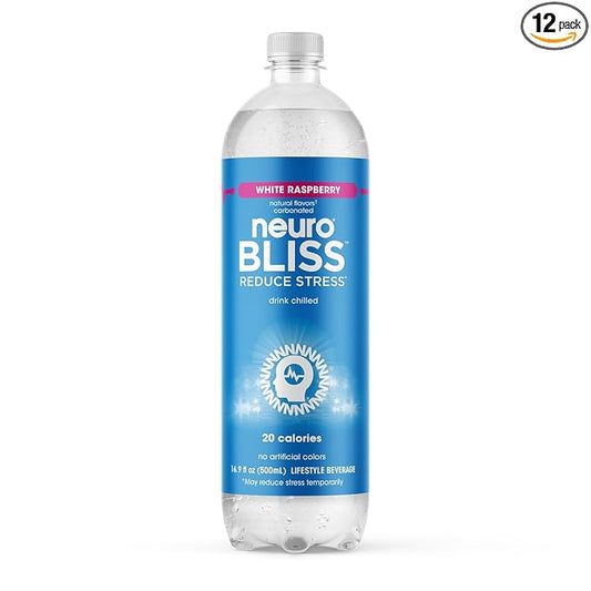 neuroBLISS | White Raspberry | Functional Beverage for Reducing Stress, Lightly-Carbonated, Vegan & Low Sugar; 16.9 Fl Oz (Pack of 12)