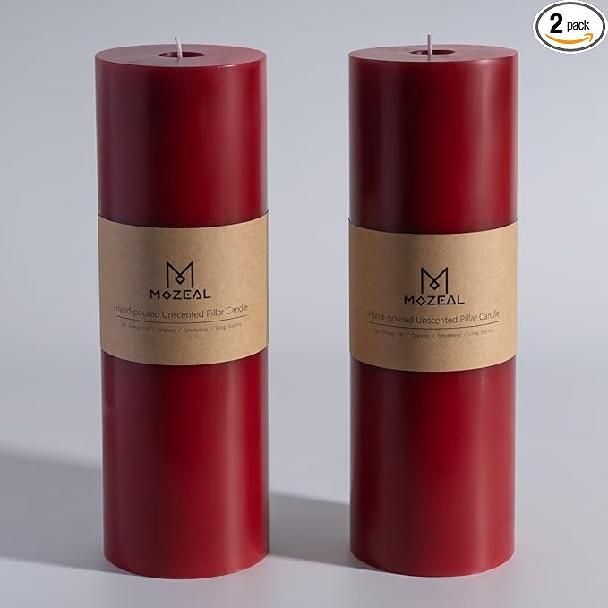MOZEAL 4" x 12" Extra-Large Dark Red Pillar Candles (Set of 2), Unscented,Dripless, Smokeless,Long Clean-Burning,These Tall 12 inch Large Red Pillar Candles Perfect for Weddings and Christmas Decor