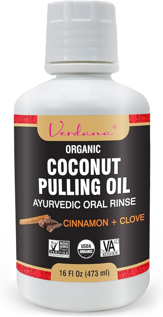 Verdana Organic Oil Pulling Mouthwash – 16 oz Cinnamon & Clove – USDA Organic Coconut Oil Rinse for Teeth & Gums – Alcohol-Free, Fluoride-Free Natural Mouthwash for Fresh Breath & Gum Health