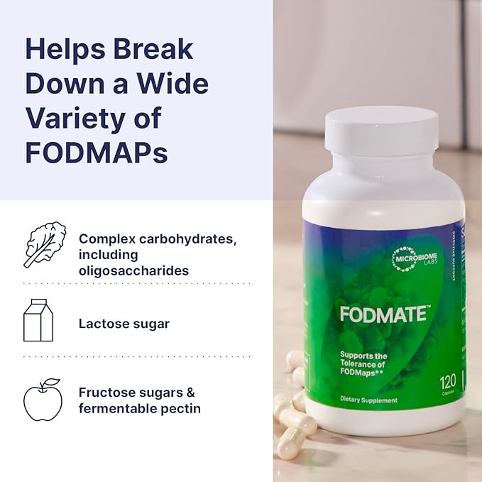 Microbiome Labs FODMATE Digestive Enzymes for Women & Men - Digestive Support for Low FODMAP Protocols & Occasional Bloating, Gas & Stomach Relief (120 Capsules)