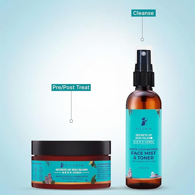 Pilgrim Korean White Lotus Day Cream SPF 50 (PA+++) & Face Mist & Toner With Camelia & Yugdugu | Skin Brightening |Reduces Fine Lines & Wrinkles| Deep Nourishment|Fights Pigmentation