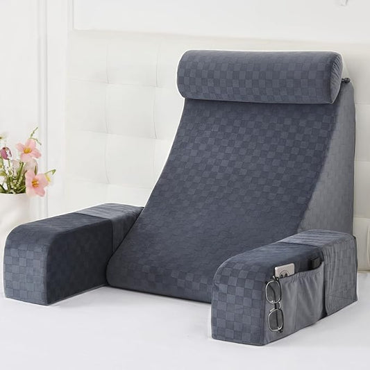 Vekkia Large Reading Pillow with Adjustable Arms & Headrest – Wide Backrest Cushion for Adults with Extra-Large Pockets for Reading, TV, Gaming & Work, Recovery on Bed & Floor, 21"(Grace Grey)